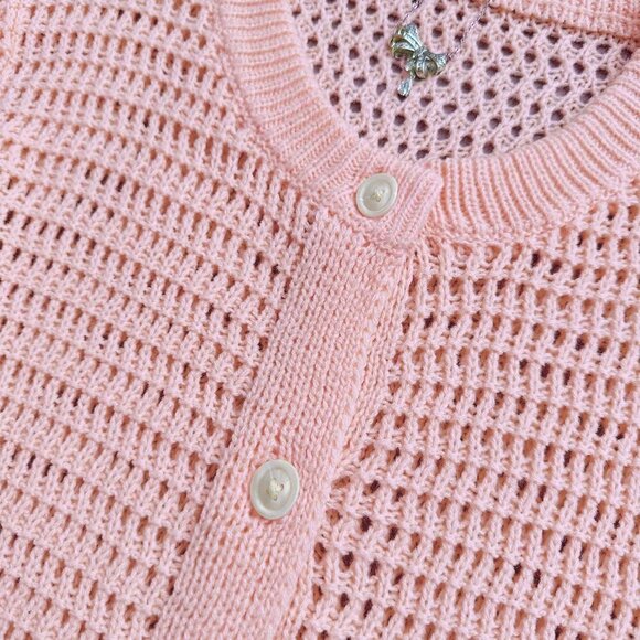 Pink Casual Women's Round Neck Short Sleeved Hollow Knitted Cardigan - Picture 9 of 9